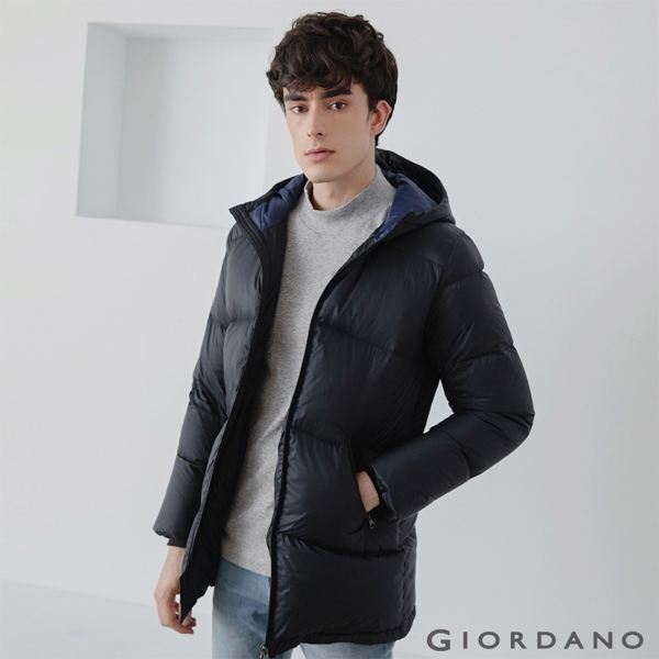 GIORDANO 男裝中長版連帽羽絨外套 - 01 標誌黑