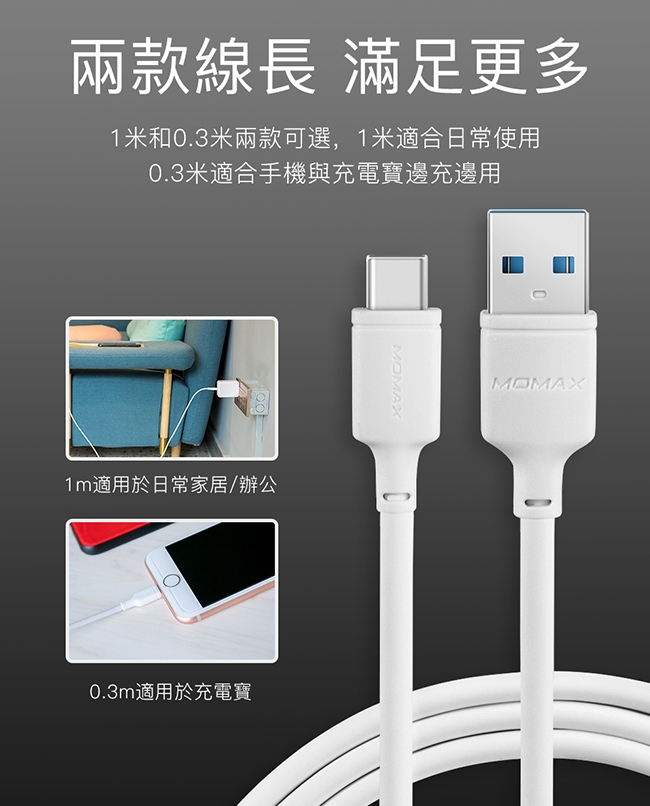 MOMAX Zero USB 至 Type-C 連接線(1M)DA16-白