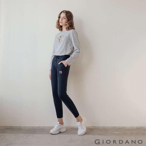 GIORDANO 女裝RETRO WAVE刺繡棉褲-12 標誌海軍藍