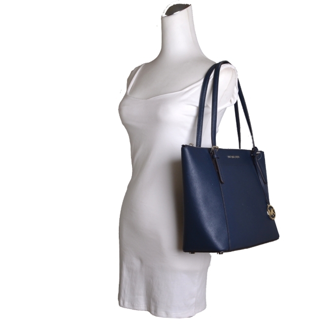 MICHAEL KORS CIARA銀字LOGO防刮牛皮吊飾托特包-深藍