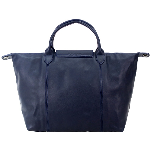 LONGCHAMP Le Pliage Cuir系列小羊皮圖騰短把手提/斜背包-中/海軍藍