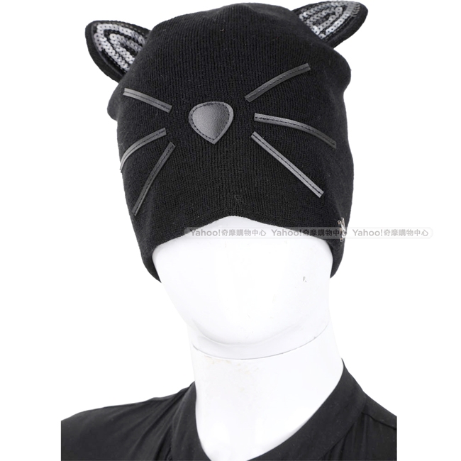 KARL LAGERFELD Choupette 亮片貓咪密實針織毛線帽(黑色)
