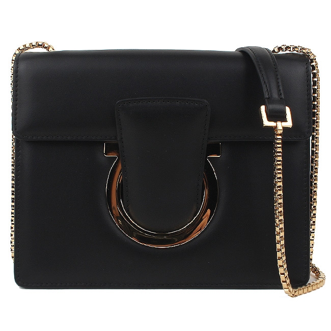 Salvatore Ferragamo THALIA 金色馬蹄飾小牛皮鍊帶包(經典黑)