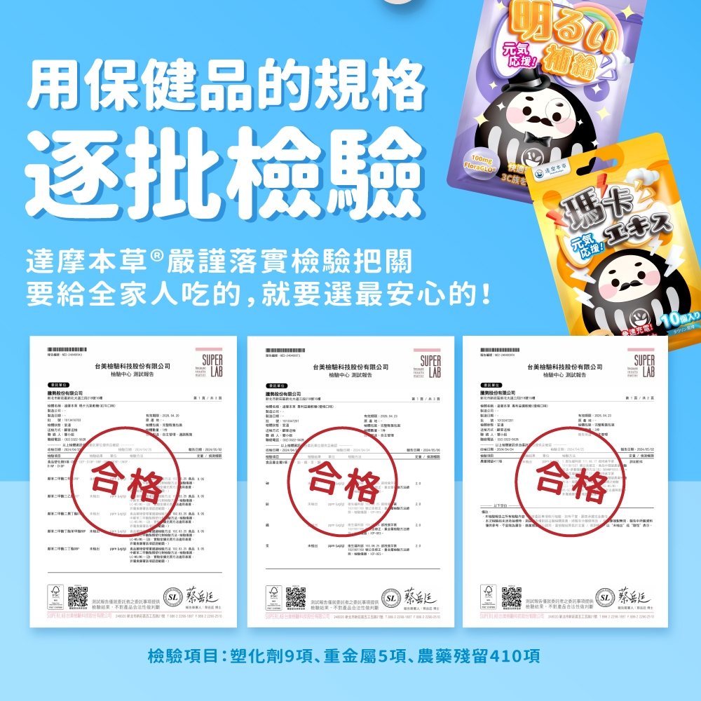 用保健品的規格逐批檢驗達摩本草®嚴謹落實檢驗把關氣3C要給全家人吃的就要選最安心的!瑪卡元氣応援!SUPER台美檢驗科技股份有限檢驗中心 合格股份有限公司  檢驗結果產品合法性 蔡    SUPER台美檢驗科技股份有限公司檢驗中心 台美檢科技股份有限公司檢驗中心 測試股份有限公司北市新製造公司報告:合格 SL蔡岳檢驗結果不對產品合法性做  合格測試報告之委託事項提供蔡送檢驗結果,不對產品合法性判斷檢驗項目:塑化劑9項、重金屬5項、農藥殘留41項0入口