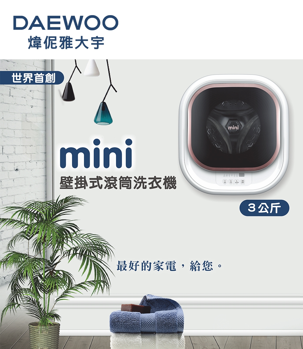 DAEWOO大宇電子 3公斤 mini 壁掛式滾筒洗衣機(香檳金)DWD-M320WG