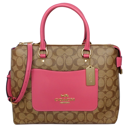 COACH卡其C Logo拼接淺桃前口袋手提/斜背托特包