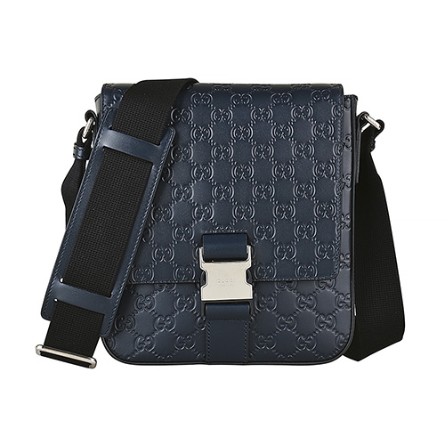 GUCCI SIGNATURE經典雙G LOGO牛皮扣式翻蓋斜背包(午夜藍)