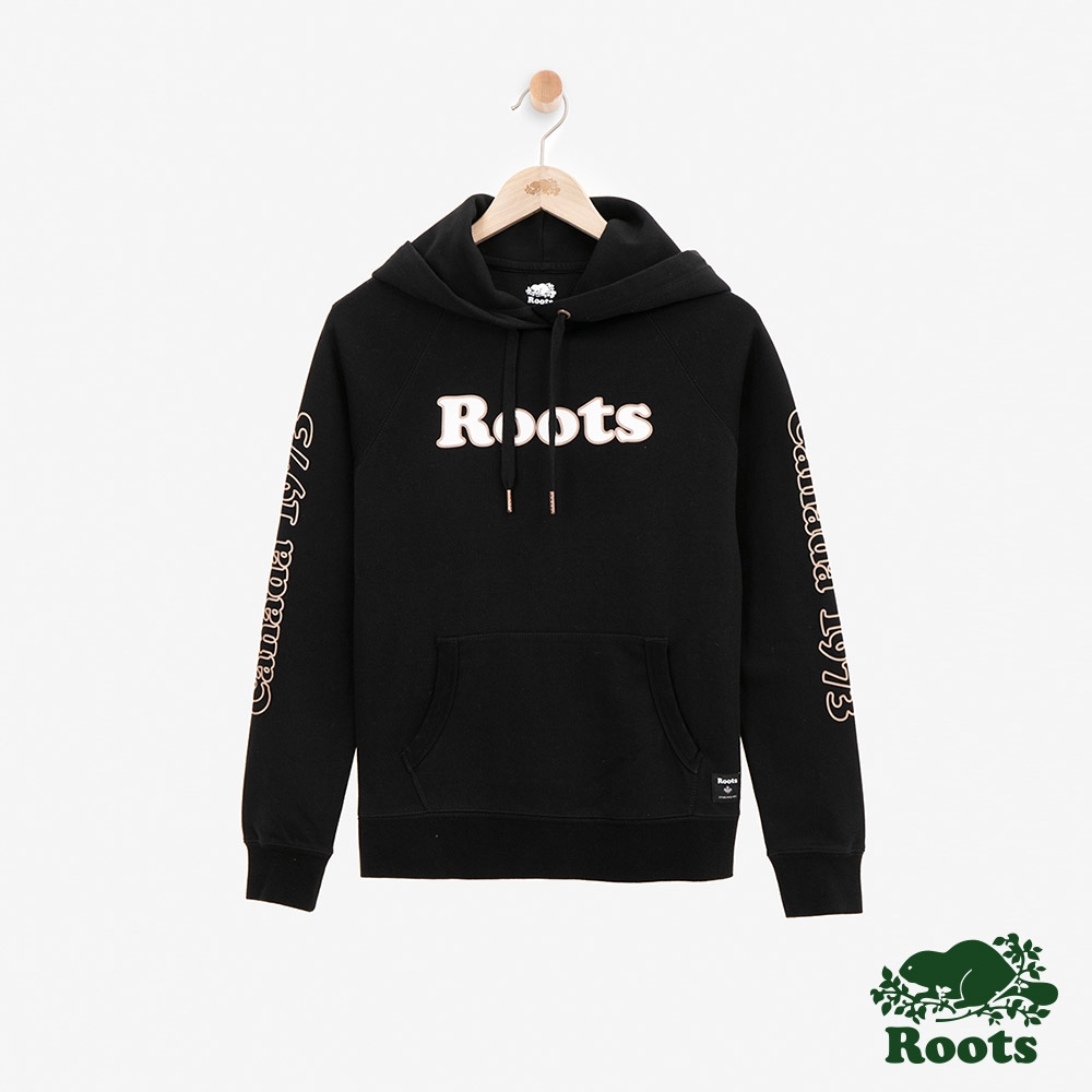 ROOTS 女裝- 金棕LOGO連帽上衣-黑色