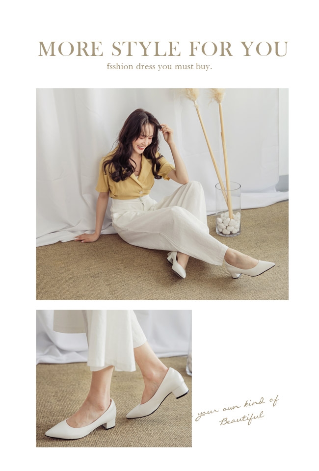 Ann’S好穿-復古皮革沙發後跟低跟尖頭鞋-白