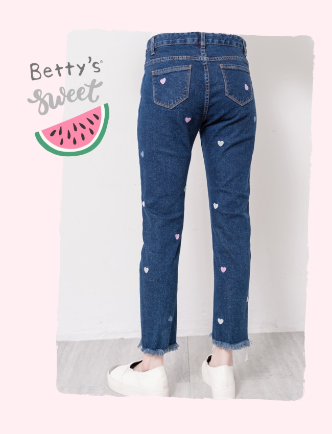 betty’s貝蒂思　愛心繡線抽鬚褲管造型牛仔褲(深藍)