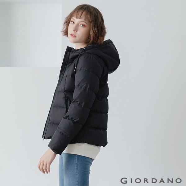 GIORDANO 女裝抽繩連帽羽絨外套-09 標誌黑