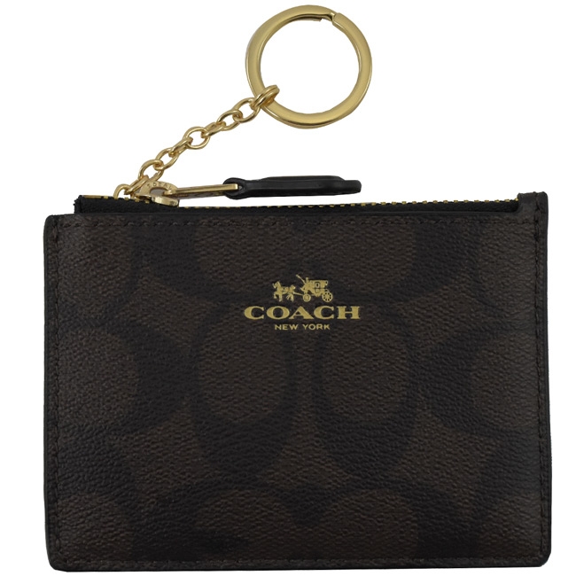 COACH 燙印LOGO經典PVC方型零錢鎖包(黑深咖)