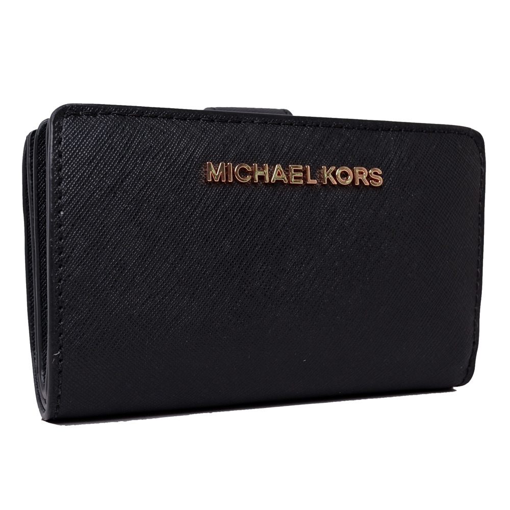 MICHAEL KORS JET SET玫瑰金字LOGO防刮牛皮扣式零錢中夾-黑