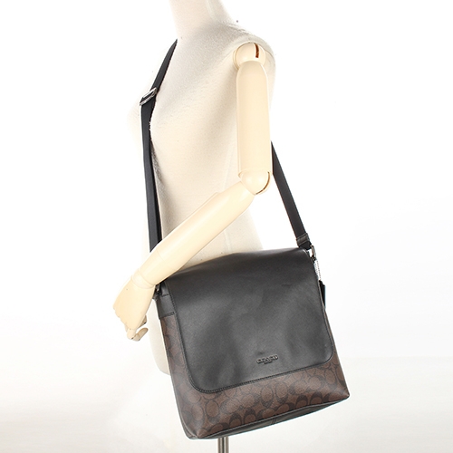 COACH 雙C防刮標誌翻蓋皮革磁釦郵差包-深咖啡