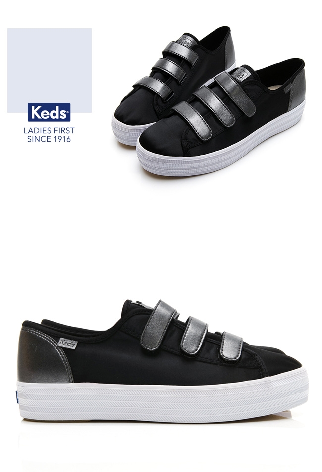 Keds TRIPLE KICK 時尚皮革厚底魔鬼氈休閒鞋-黑