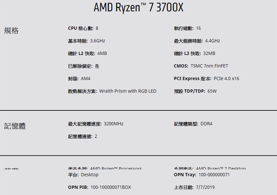 AMD Ryzen 7 3700X 3.6GHz八核心 中央處理器