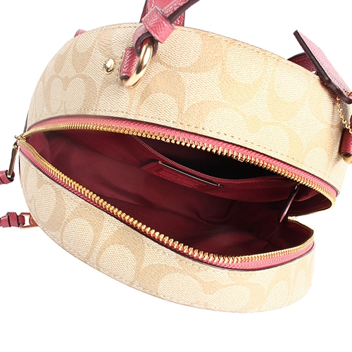 COACH 防刮素面撞色經典標誌雙拉鍊後背包-卡其/莓粉色