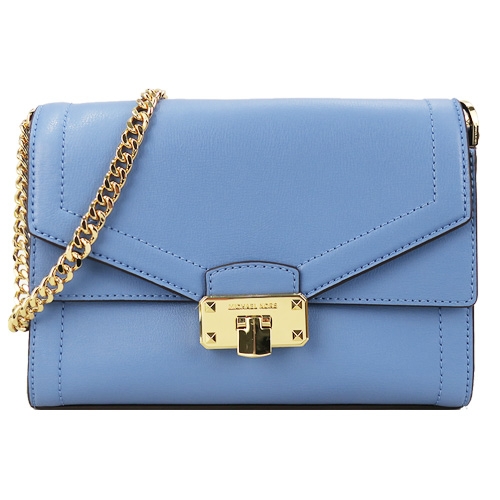 MICHAEL KORS KINSLEY穿釦素面皮革鍊帶斜背包-法國藍