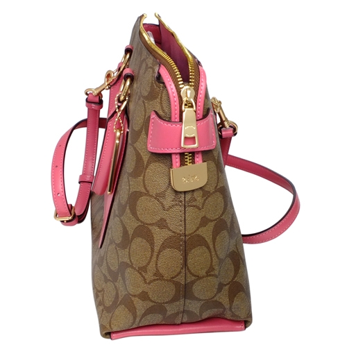 COACH卡其C Logo拼接淺桃前口袋手提/斜背托特包