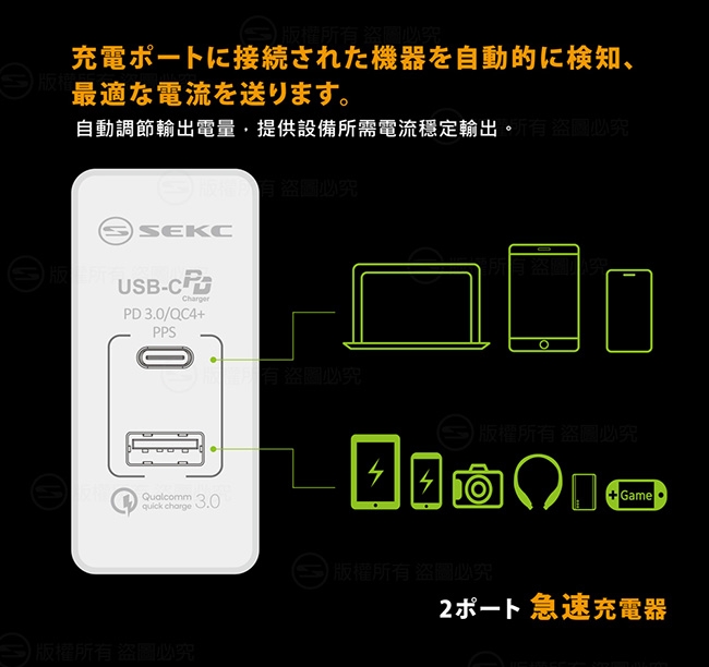 SEKC PD USB-C+QC3.0/4+(30W)牆充2孔極速充電器