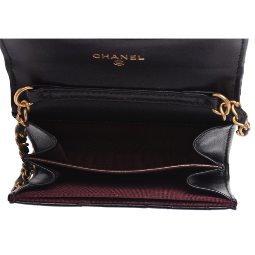 CHANEL 經典金屬雙C LOGO菱格小羊皮金鍊斜背零錢包(黑)