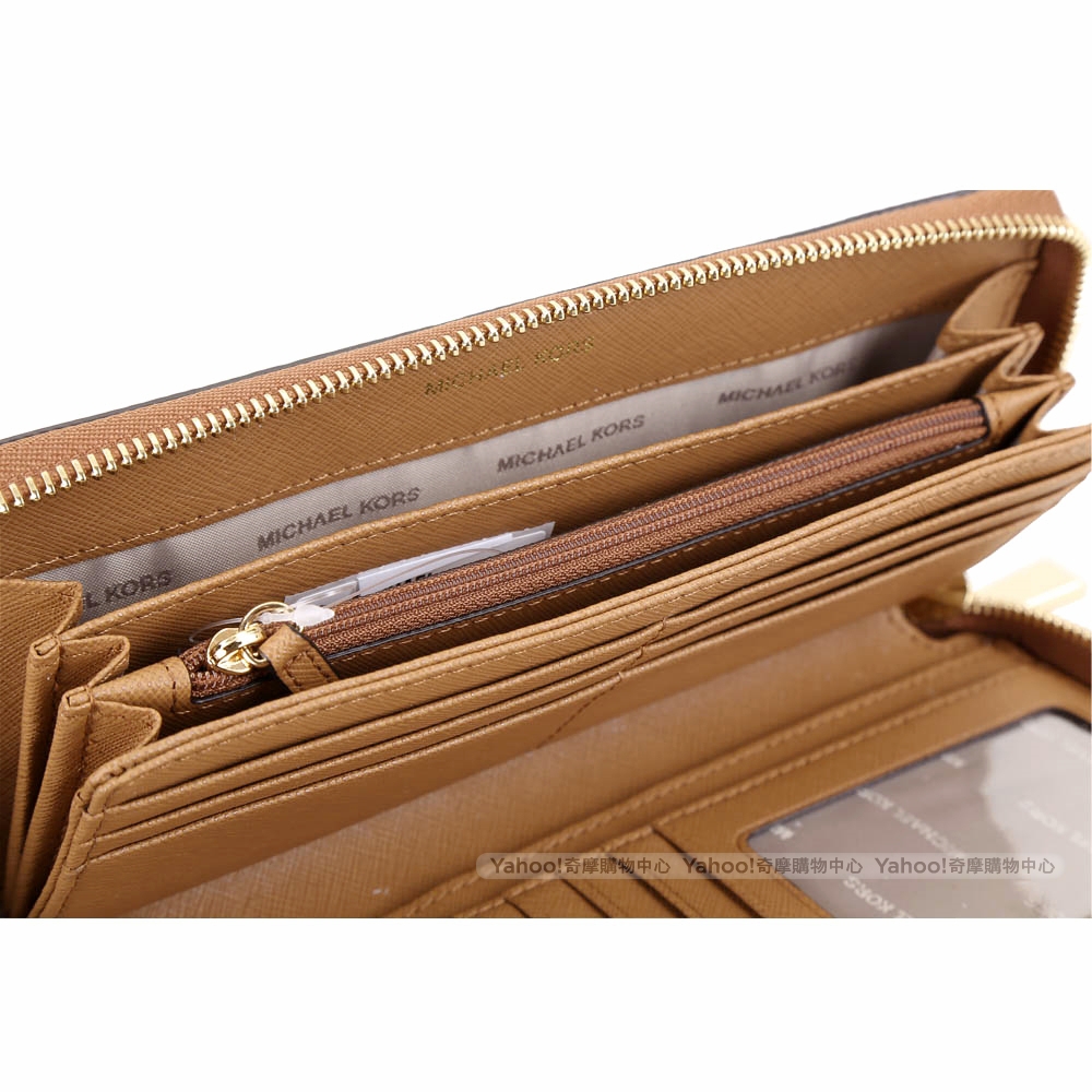 Michael Kors Mercer 手腕帶可拆金字荔紋牛皮拉鍊長夾(棕色)