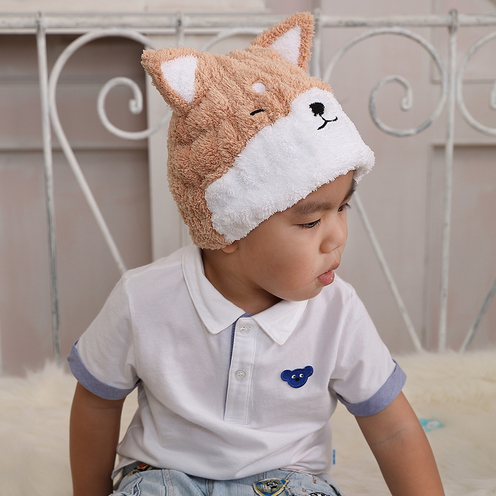【MORINO摩力諾】超細纖維動物造型速乾兒童浴帽 毛帽(柴犬)