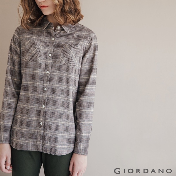 GIORDANO 女裝法蘭絨溫暖磨毛長袖襯衫-23 淺棕色格紋