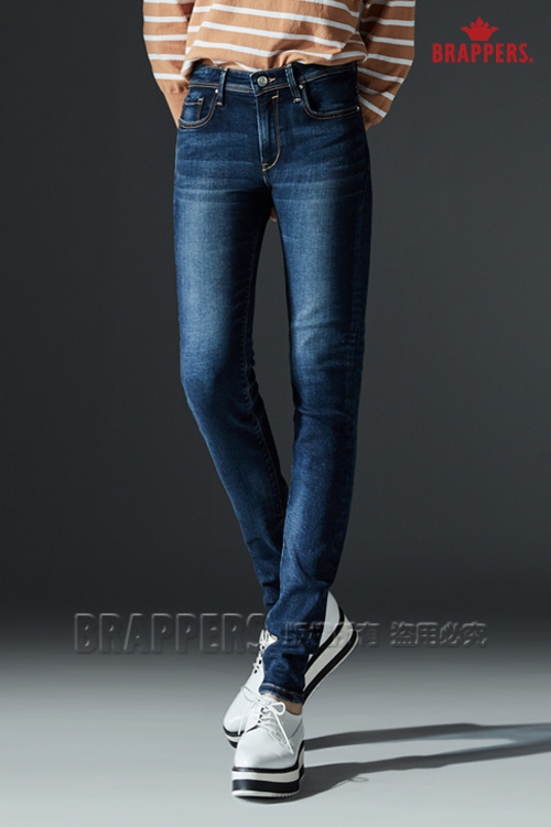 BRAPPERS 女款 新美腳ROYAL系列-中高腰彈性菱形波浪刺繡鑲鑽窄管褲-藍