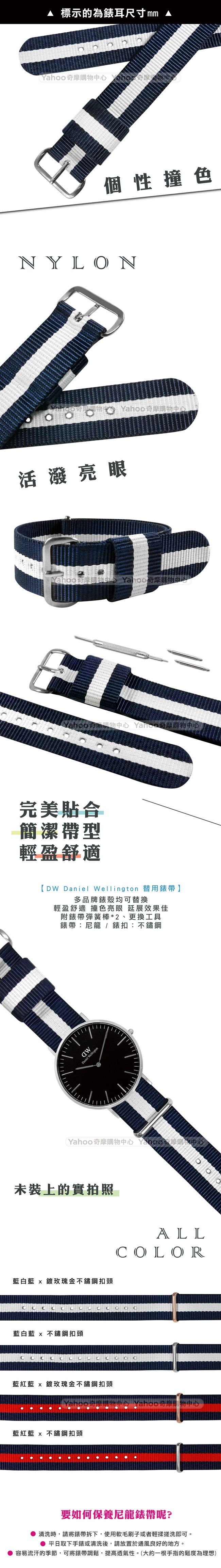 Watchband DW 各品牌通用 不鏽鋼扣頭 尼龍錶帶-藍x白