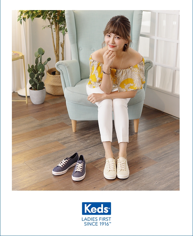 Keds KICKSTART 耀眼珠光綁帶休閒鞋-奶油白