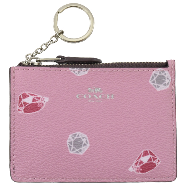 COACH 燙印LOGO寶石圖樣PVC方型零錢鎖包(粉)