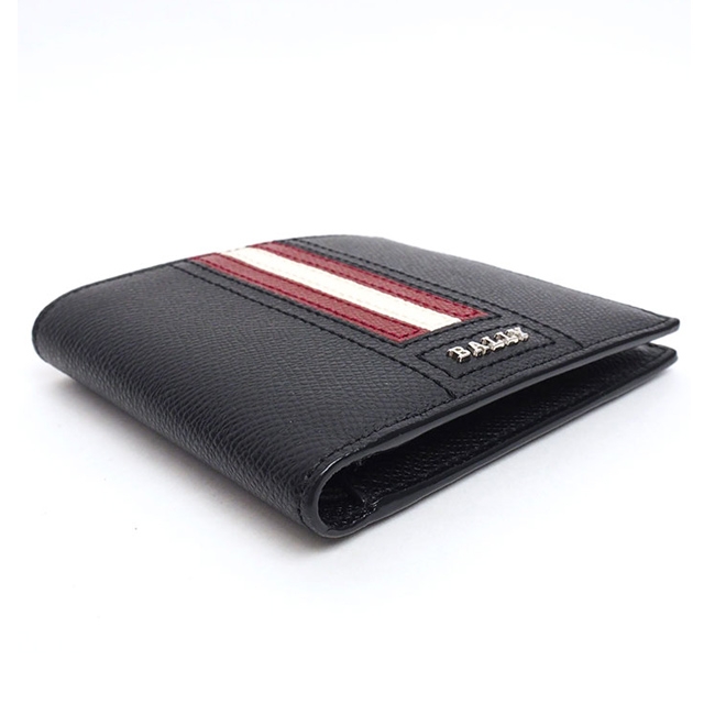 BALLY字母LOGO 紅白條紋 防刮牛皮短夾 (經典黑)