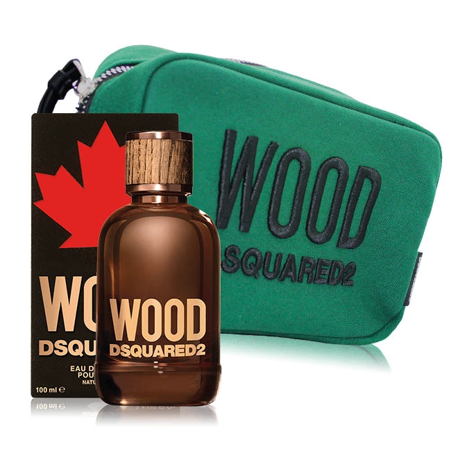 DSQUARED2 WOOD 天性男性淡香水100ml+品牌軍綠方型手拿包25X7.5X15cm 