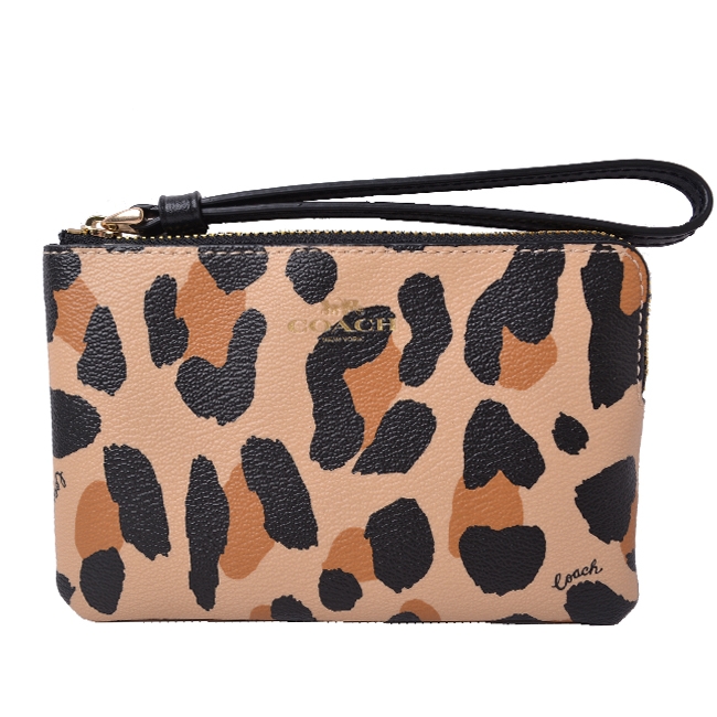 COACH燙金防刮牛皮拉鍊式小手拿包-豹紋