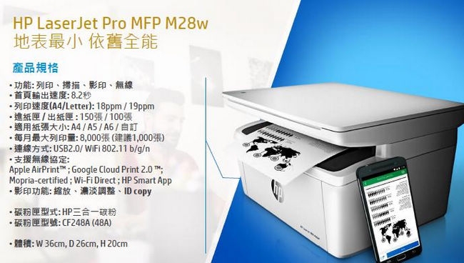 HP LaserJet Pro M28w 無線黑白雷射多功能事務機