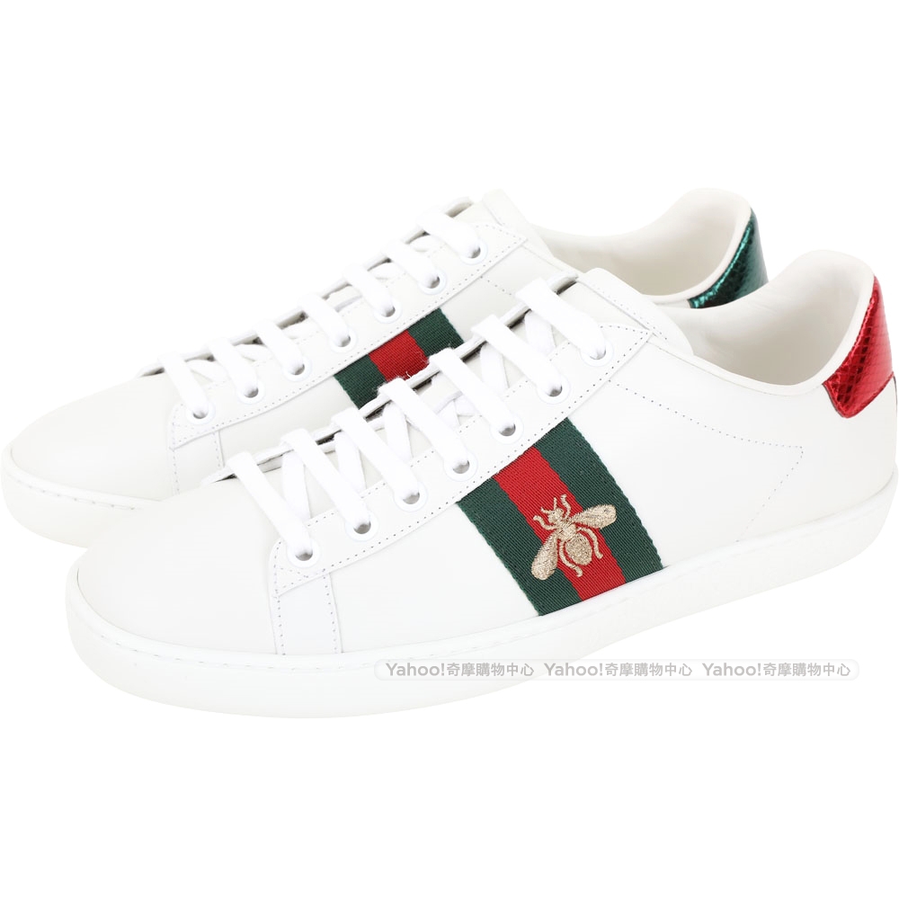 Gucci Ace 蜜蜂刺繡皮革繫帶小白鞋 白色 其他穿搭配件 Yahoo奇摩購物中心