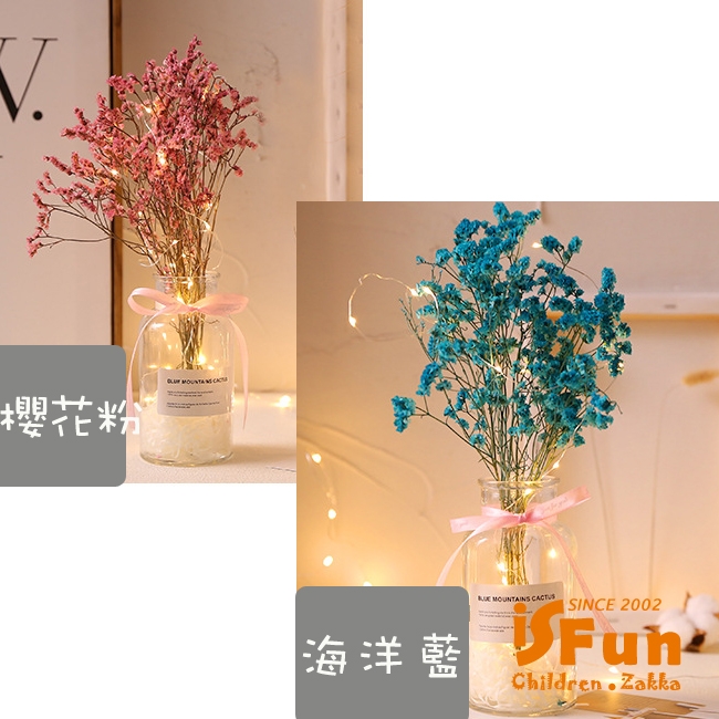 iSFun 星光乾燥花 甜美緞帶玻璃瓶銅線燈 2色可選