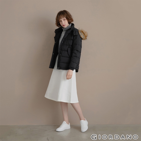 GIORDANO 女裝素色可拆式連帽羽絨外套 - 01 標誌黑