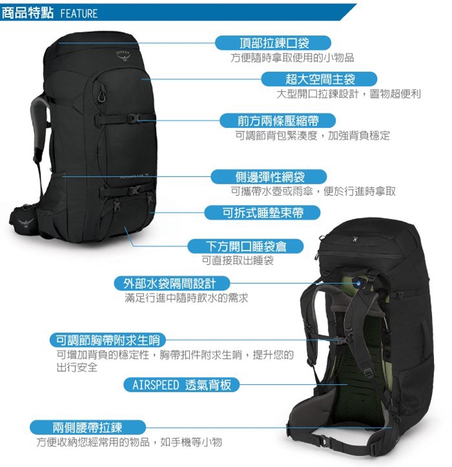 OSPREY 新款 Farpoint Trek Pack 75L 多功能自助旅行包_黑 R