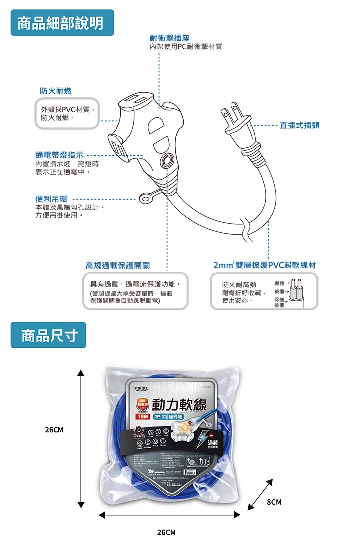 太星電工 2P 3插座附燈動力軟線15A/15米 OFA30215