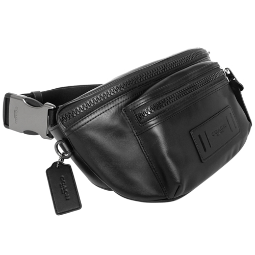 COACH黑色全皮前拉鍊袋半圓男款腰包