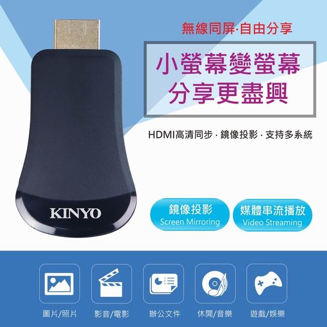 KINYO HDMI影音無線傳輸棒KMS-001送贈品2選1