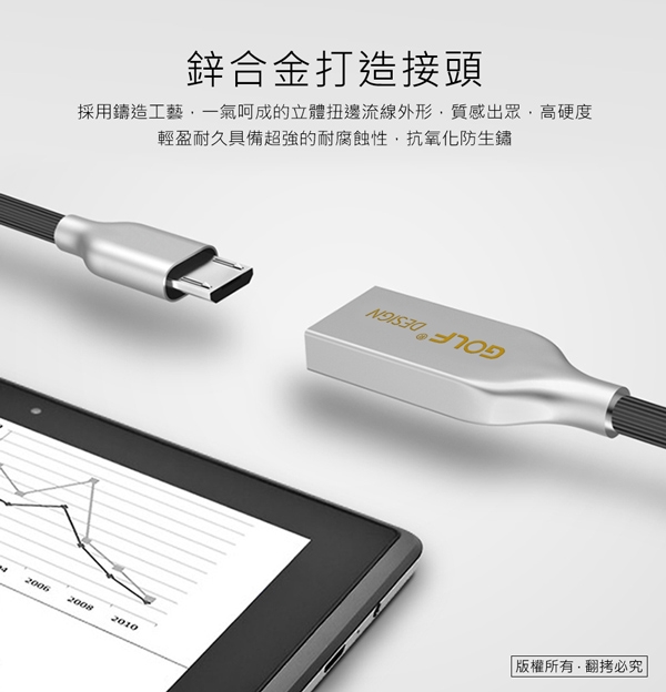 GOLF USB 2.0 轉 Micro USB 鋅合金接頭多彩細線(1M)