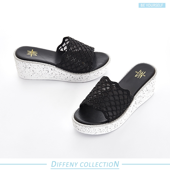 DN 閃耀夏日 羊絨水鑽造型大底厚底拖鞋-黑