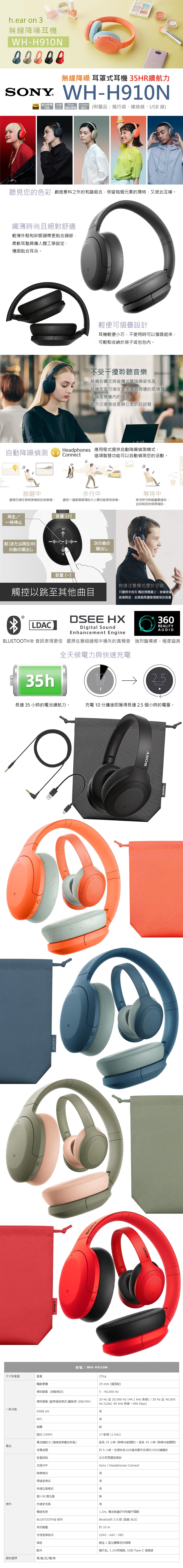 SONY WH-H910N 無線藍牙降噪耳機 輕便可摺疊 5色 可選