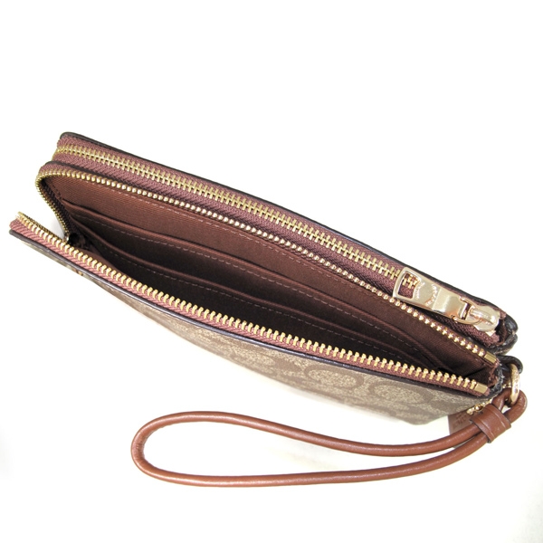 COACH 金馬車防潑水PVC Logo皮滾邊提掛式雙層長夾/大手拿包(馬鞍色-大)