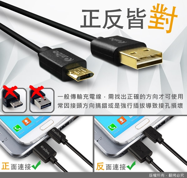 aibo 正反雙插 Micro USB 急速充電傳輸線(1M)