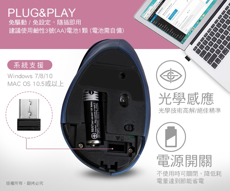 aibo 人體工學垂直式 2.4G無線直立滑鼠(3段DPI)