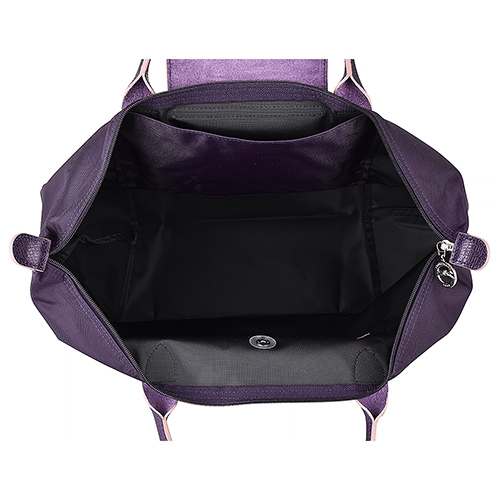 LONGCHAMP COLLECTION刺繡LOGO尼龍摺疊短把拉鍊手提包(中/藍莓x粉)